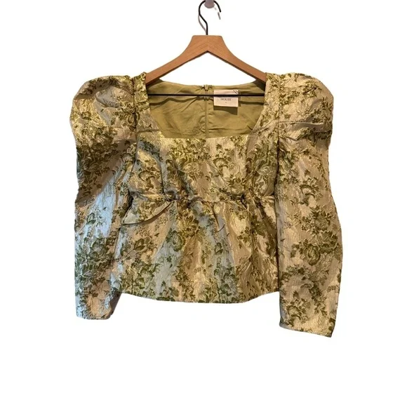NWT Hyacinth House Tuckernuck Size XS Gold Green Jacquard Floral Metallic Blouse - Picture 3 of 14